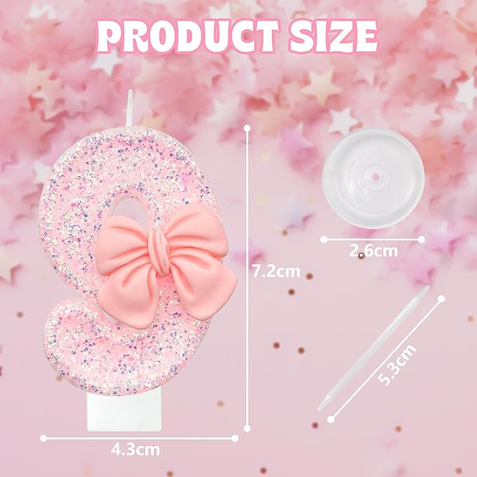 Pink Glitter Bow Birthday Candles, Number 9, Smokeless, Eco-friendly, Non-toxic