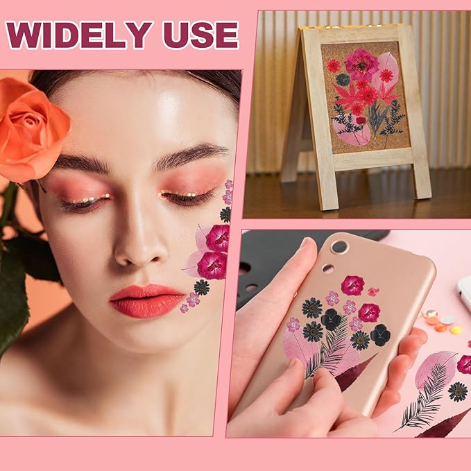 Nuanchu Pressed Flowers Bulk Dried Flower for Crafts, Dried Wildflowers Leave Natural with Tweezer for Resin Mold Scrapbooking Nail Soap Making DIY(Stylish Style,Red Color)