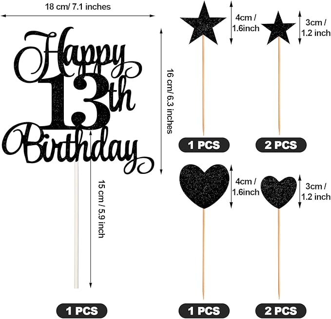 13th Birthday Cake Decorations Set Include 13th Birthday Candles Numeral 13 Cake Candles and Happy 13th Birthday Cake Toppers with Heart Star Cupcake Picks for Birthday Party (Black Series)
