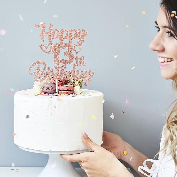1 Pack Happy 13th Birthday Cake Topper Glitter Heart Star 13 Fabulous Cake Pick Birthday Sign Cake Decorations for Children 13th Birthday Theme Party Supplies Rose Gold