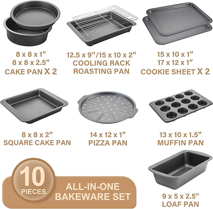 HONGBAKE Bakeware Sets, Baking Pans Set with Kitchen Utensils, Nonstick Oven Pan with Wider Grips, 17 Pieces Including Rack, Cookie Sheet, Cake, Loaf, Muffin, Pizza Pan