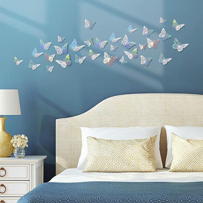 72 Pcs Butterfly Decorations - 3 Sizes, 3 Styles Wall Decor - Rainbow Silver
