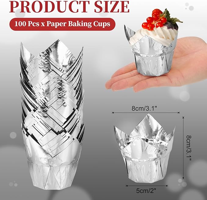 uxcell 100 Pcs Tulip Cupcake Liners, Muffins Liners Aluminum Foil Cupcake Wrappers Baking Cups Muffins Liners for Wedding Birthday Party Supplies, Silver