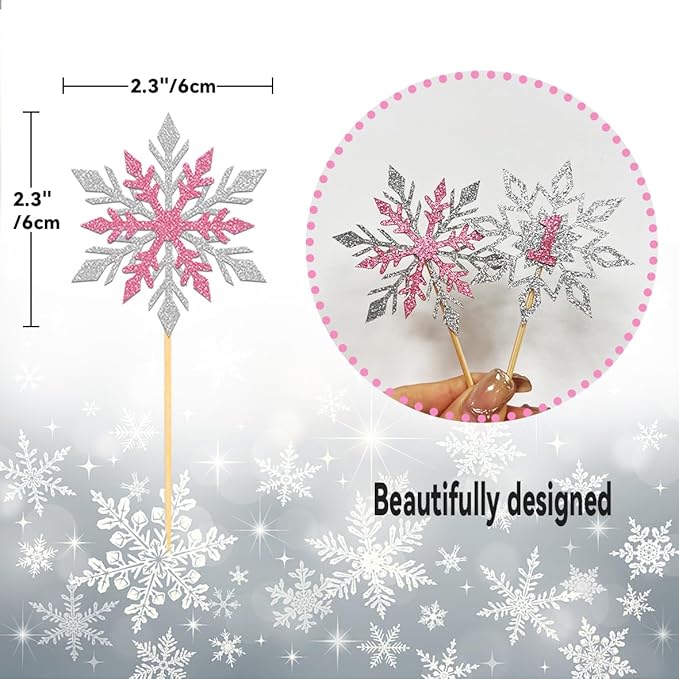 24PCS Glitter Snowflake 1st Birthday Cupcake Toppers, Frozen Snowflake One Cake Topper for Winter 1st Birthday Decorations, Snowflake Baby Shower Decorations (1st pink)