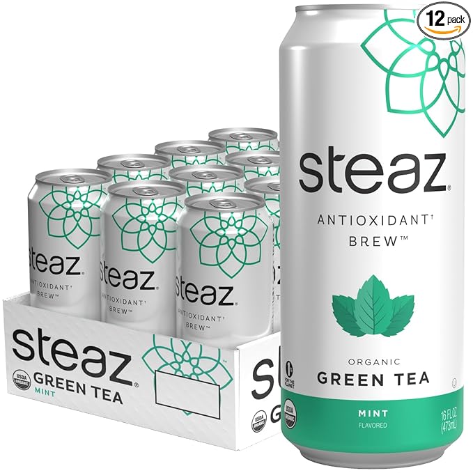 Steaz - Organic Green Tea - Mint (12 Pack) - Antioxidant Brew - 65mg Natural Caffeine, 90 Calories, Vitamin C - Cane Sugar Sweetened Iced Tea - Vegan, Fair Trade - 12 Cans, 16 fl oz (473mL)