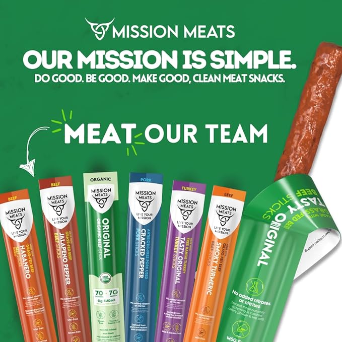 Mission Meats Variety Pack with Certified Organic Beef, Grass Fed, Free Range Turkey, and Cracked Pepper Pork – Gluten & Sugar Free, Whole 30 & Paleo Friendly, Delicious and Family Friendly (12 Count)