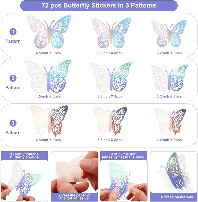 72 Pcs Butterfly Decorations - 3 Sizes, 3 Styles Wall Decor - Rainbow Silver