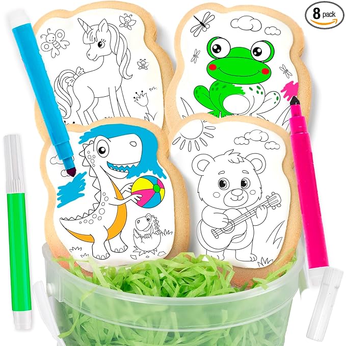 Cookie Decorating kit for Kids Activity Cookies Decorating Kit Coloring Gift For Kids boys girls Food | 4 Jumbo Cookies + 3 Edible Markers | Individually Wrapped Unicorn Dinasour Frog Teddy Bear