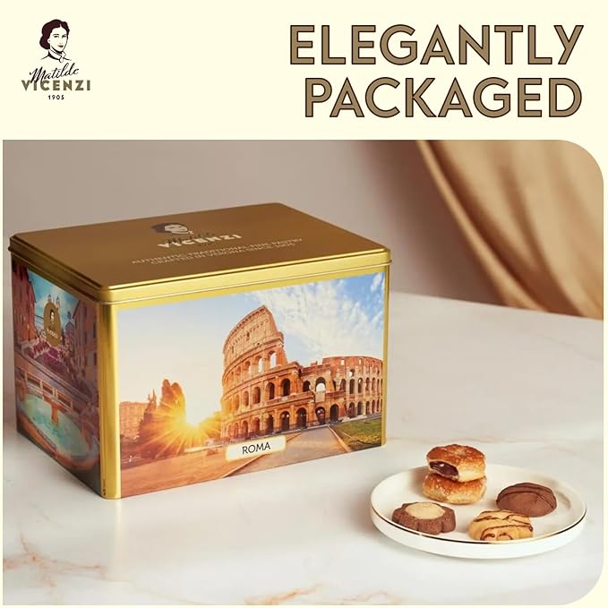 Matilde Vicenzi Roma Cookie Tin - Italian Pastries & Bakery Cookies in Individually Wrapped Trays - Bakery Dessert Gifts - Puff Pastry, Assorted Cookies in Italian Design Gift Tin 32oz (907g)