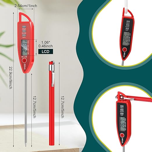 10 Set Waterproof Food Thermometer for Water, Liquid, Candle and Cooking Digital Meat Thermometer with Long Probe Instant Read for Kitchen BBQ Grill Candy (Red)