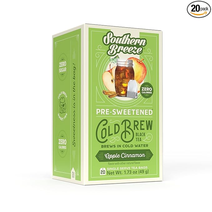 Southern Breeze Cold Brew Sweet Tea Apple Cinnamon Iced Tea with Black Tea and Zero Carbs Zero Sugar, 20 Individually Wrapped Tea Bags