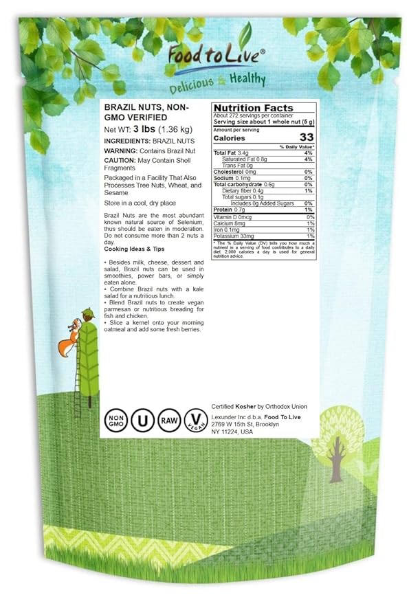 Food to Live Raw Brazil Nuts, 3 Pounds – Non-GMO Verified, Raw, Whole, No Shell, Unsalted, Kosher, Vegan, Keto and Paleo Friendly, Bulk, Good Source of Selenium, Low Sodium, Low Carb, Great Trail Mix