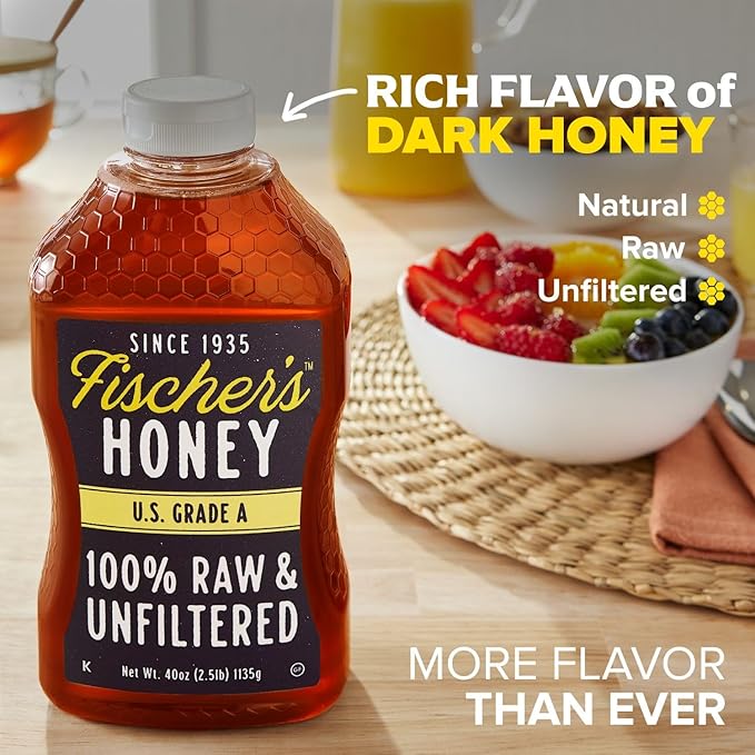Fischer’s 100% Pure, Raw & Unfiltered Honey, 40 oz – USA Made Honey – All-Natural Sweetener – Rich Flavor Profile, Packed with Nutrients