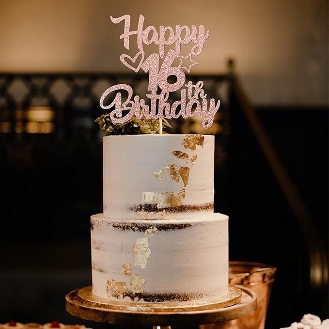 1 Pack Happy 16th Birthday Cake Topper Glitter Heart Star 16 Fabulous Cake Pick Birthday Sign Cake Decorations for Children 16th Birthday Theme Party Supplies Rose Gold