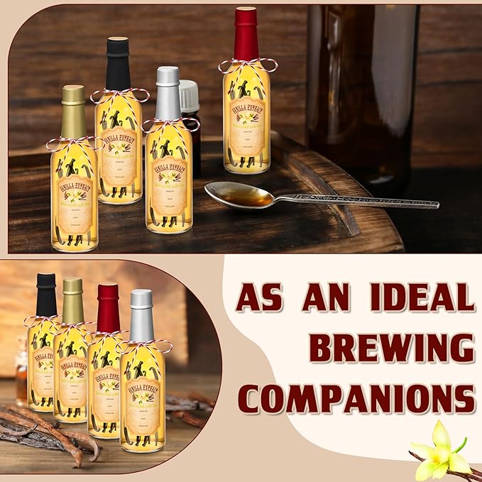 Tioncy 16 Pcs Vanilla Extract Bottles for Homemade Vanilla Jar Glass Bottle with Cap, Shrink Band, Sticker Syrup Gift Food Storage Canister for Bean Sauce Spice(Multicolour,8.5 oz)