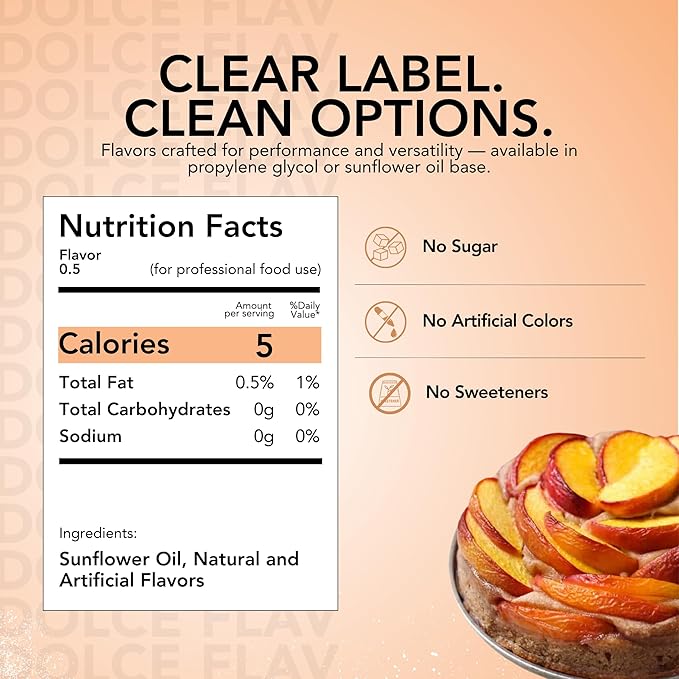 Dolce Flav Peach Extract ??2 Ounce Oil-Soluble Kosher, Sugar-Free, Concentrated Juicy Peach Flavoring for Baking, Chocolates & Desserts, Includes Measured Dropper