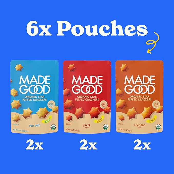 MadeGood Star Puffed Crackers Variety Pack - Sea Salt, Cheddar, and Pizza (6 Bags - 4.26 Oz Each) Gluten Free and Organic, Healthy Snacks