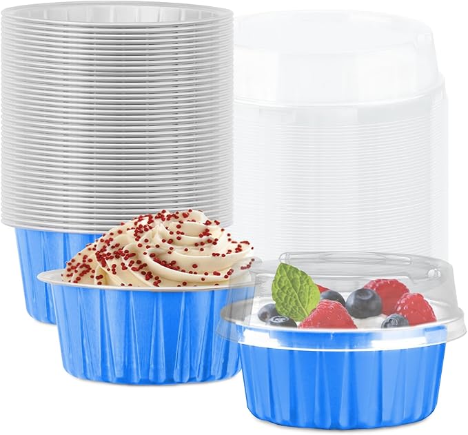 50 Pack Baking Cups with Lids, Aluminum Foil Cupcake Cups Muffin Liners, Disposable Foil Ramekins, Cupcake Holders Dessert Containers Mini Pudding Cups (Blue)