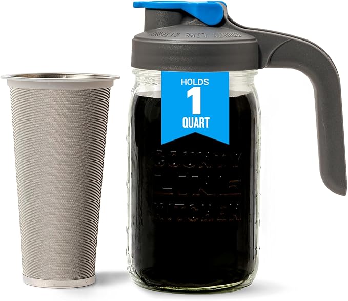 County Line Kitchen Glass Cold Brew Coffee Maker with Lid - Wide Mouth, 1 Quart (32 oz) - Heavy Duty, Leak Proof - Sun & Iced Tea Pitcher, Cold Brew Coffee, Breast Milk Storage, Water - Gray