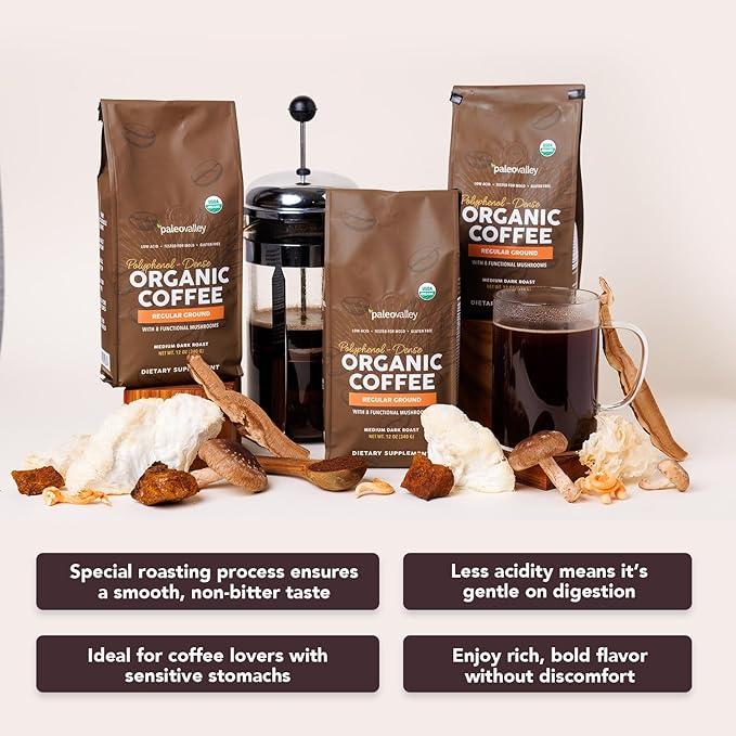 Paleovalley Organic Ground Coffee, 10 oz - Regular, Low Acid, Single-Origin, Polyphenol-Rich, Infused with Mushrooms & Coffee Fruit Extract