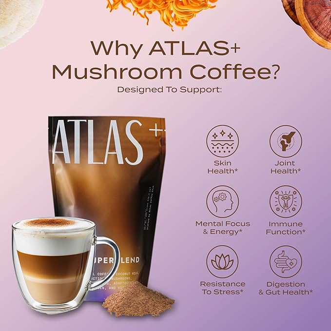 Atlas+ Latte Superblend??Instant Mushroom Coffee with Lion?™s Mane, Reishi, Cordyceps, Ashwagandha, Probiotics, Vitamin D3 & B12, Coconut??for Energy, Focus, Immunity & Gut Health??20 Servings (1 Bag)