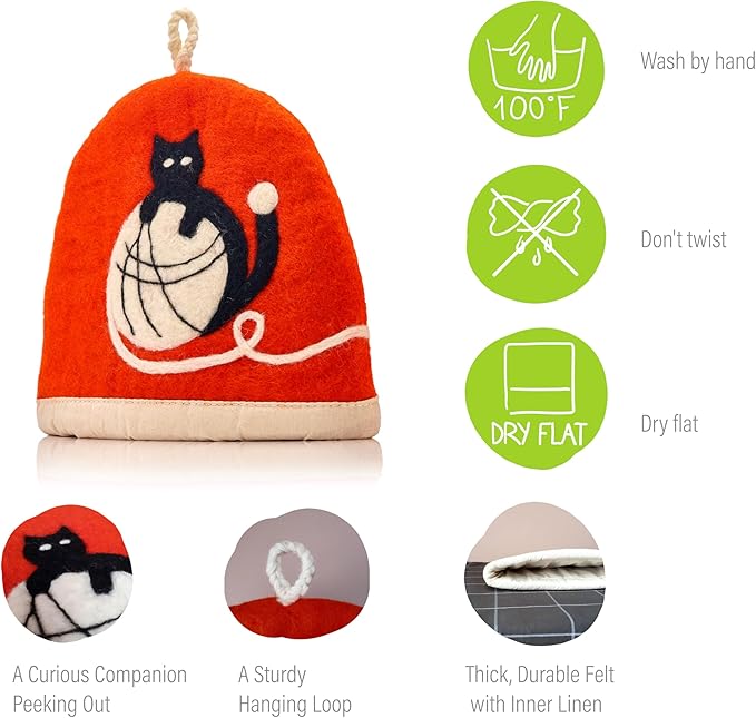 Tea Cozy for Teapot Large - Keep Your Brew Warm and Stylish with This Felted Tea Cosy, Enhancing Flavor and Aesthetics - Fits 6-Cup Teapot & 34oz French Press (Black cat, red)