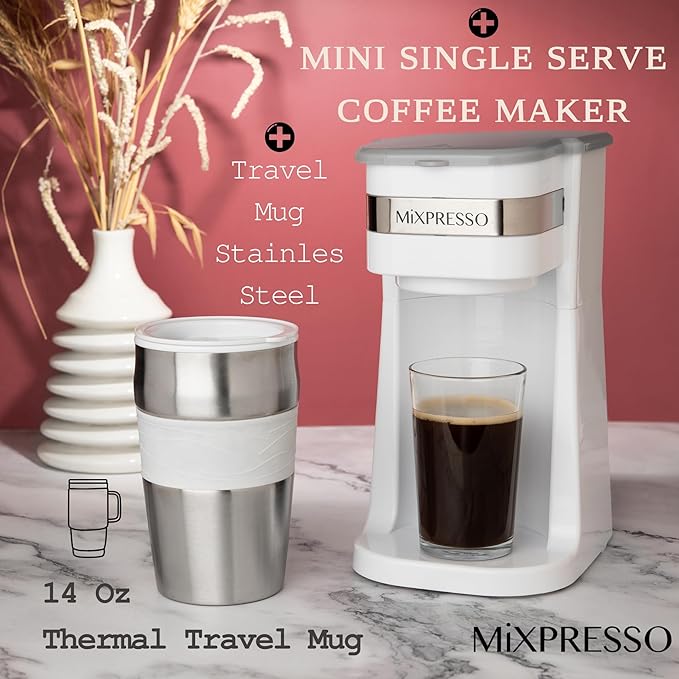 Mixpresso White Personal Single Serve Coffee Maker with 14oz Travel Mug, Drip Small Coffee Maker with Auto Shut Off, Reusable Filter, Works with Ground Coffee Only ??Not for K-Cup Pods