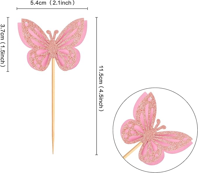 36PCS Butterfly Cupcake Toppers 3D Double Layers Hollow Cupcake Picks Baby Shower Cake Decorations Supplies for Butterfly Theme Wedding Anniversary Kids Birthday Party Pink