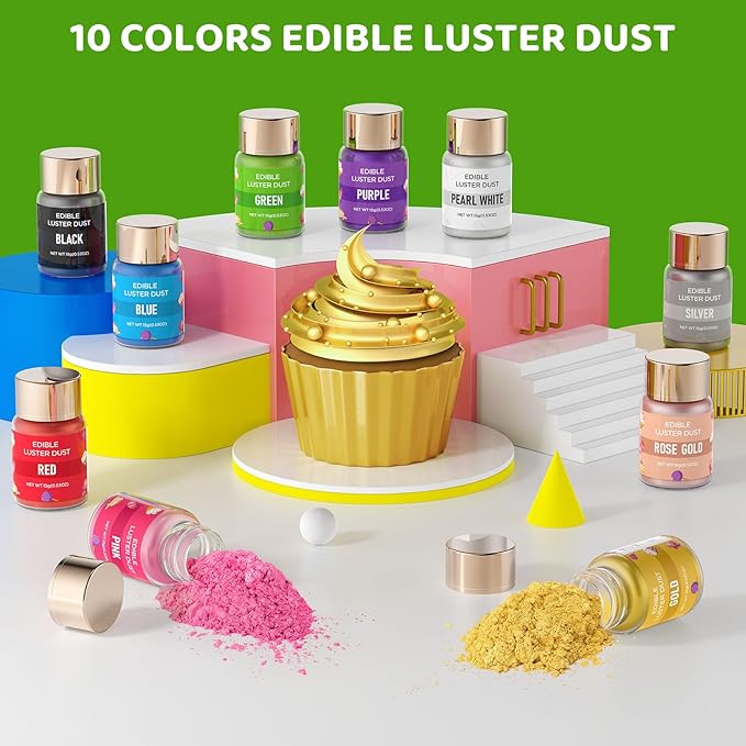 Luster Dust Edible - 15 Grams Food Grade Cake Dust Shimmer Powdered, Cherrysea Powder Luster Dust Food Coloring for Cocktails, Christmas Cookie Decorations, Cake, Drinks, Fondant, Candy - 15g/Bottle (4-Green)