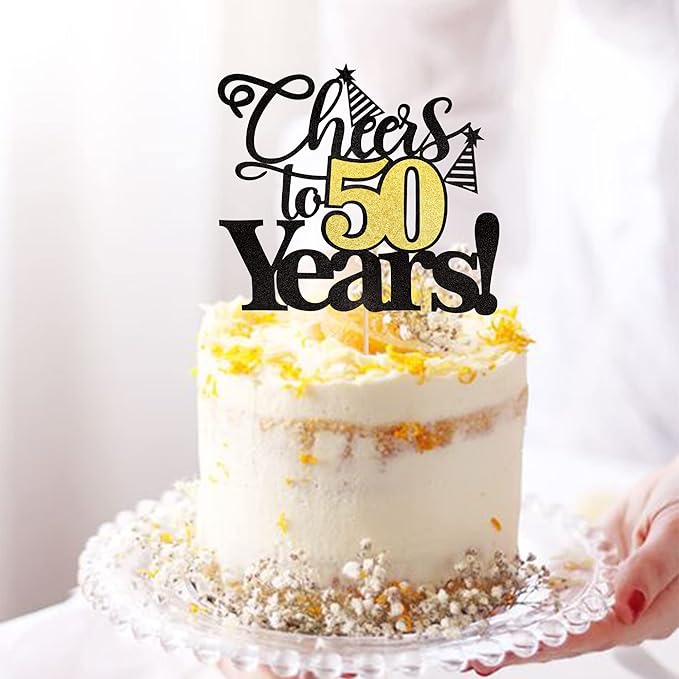 Rsstarxi 1 Pack Cheers to 50 Years Cake Topper Black Glitter Fifty Years Old 50th Birthday Cake Pick Decorations for 40th Birthday Wedding Anniversary Party Supplies