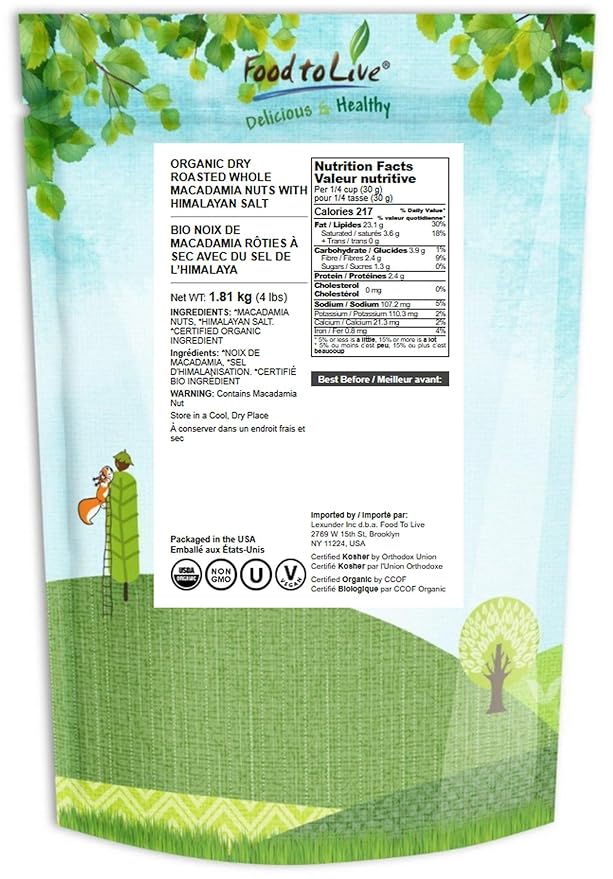 Food to Live Organic Dry Roasted Whole Macadamia Nuts with Himalayan Salt, 4 Pounds – Delicious and Nutritious Snack Made from Premium Non-GMO Nuts