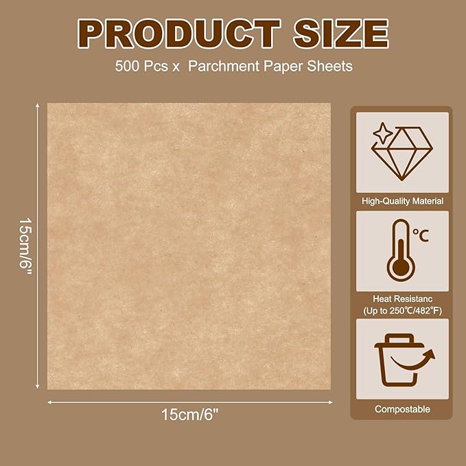 uxcell 500 Pcs Unbleached Parchment Paper Baking Sheets Squares, 6 Inch Hamburger Patty Paper, Non Stick Parchment Pulp Paper for Baking Grilling or Meat Storage, Wood Color