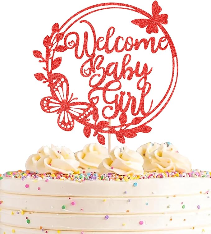 Welcome Baby Girl Cake Topper - Red Glitter Baby Shower Cake Decorations, Baby Girl Cake Decor, for Baby Shower/Birthday Party/Gender Reveal Party Photo Booth Props