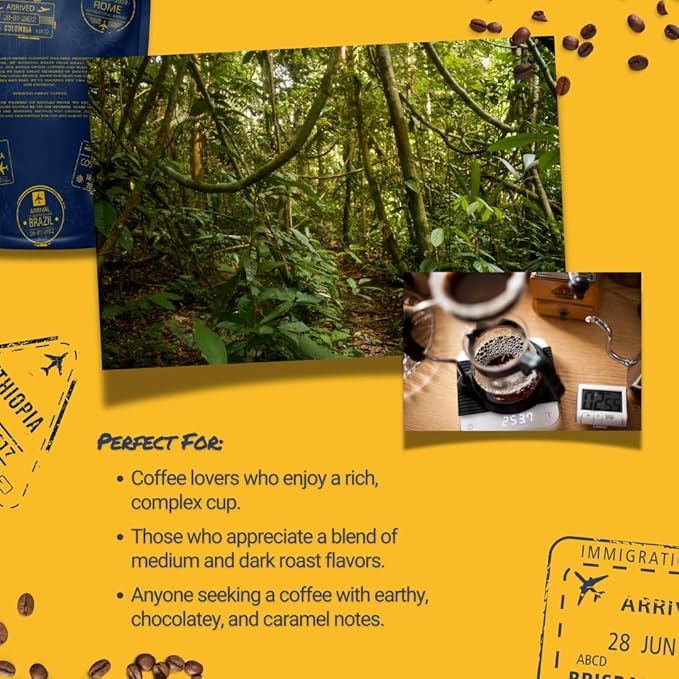 Passport Coffee Rainforest Blend ??Medium & Dark roast blend from Sumatra, Guatemala & Ethiopia. Flavor notes of dark chocolate, and caramel. Premium whole bean coffee,12oz Bag
