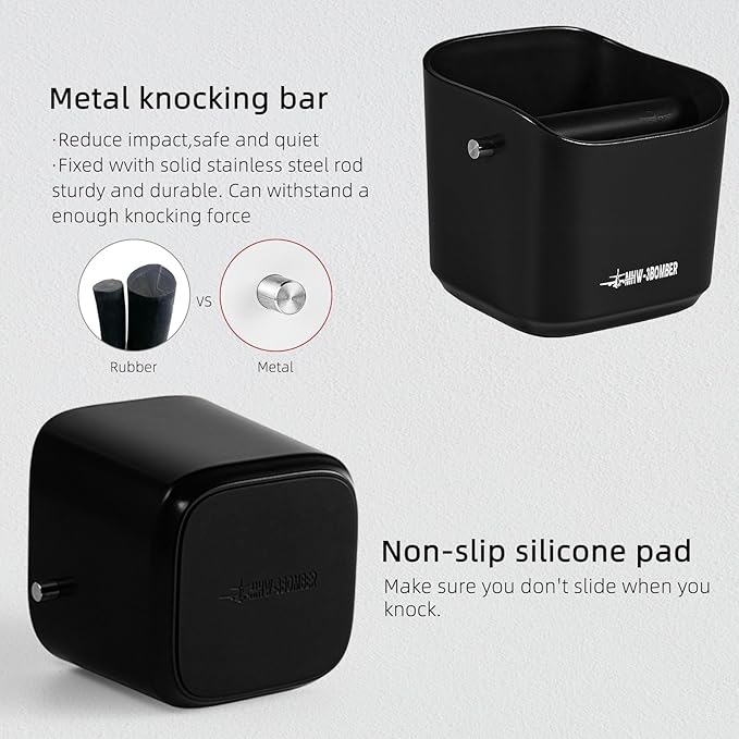 MHW-3BOMBER Espresso Knock Box, 1.2L(15 Cups) Coffee Knock Box with Coffee Clean Brush and Removable Knock Bar for Espresso Puck, Coffee Ground, Durable Espresso Accessories, Black, CS7090-OS