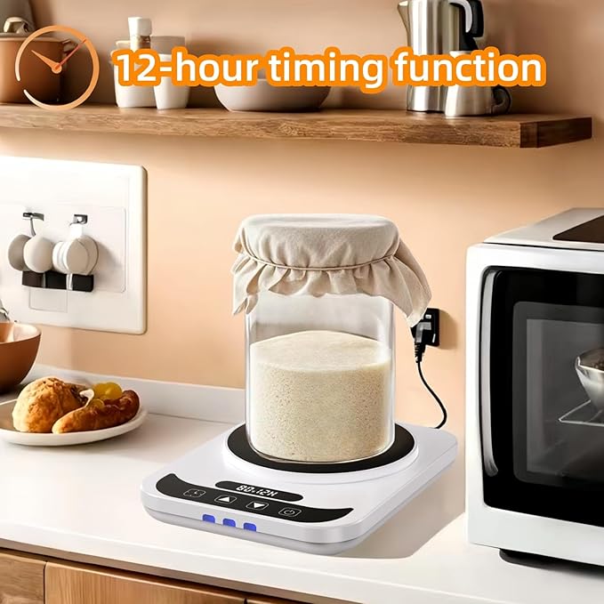 Sourdough Starter Warmer Mat - 12H Timer & Precise 1°F Thermostat (70-100°F) - Auto On/Off - Fits 40oz Jars for Home Baking (White)
