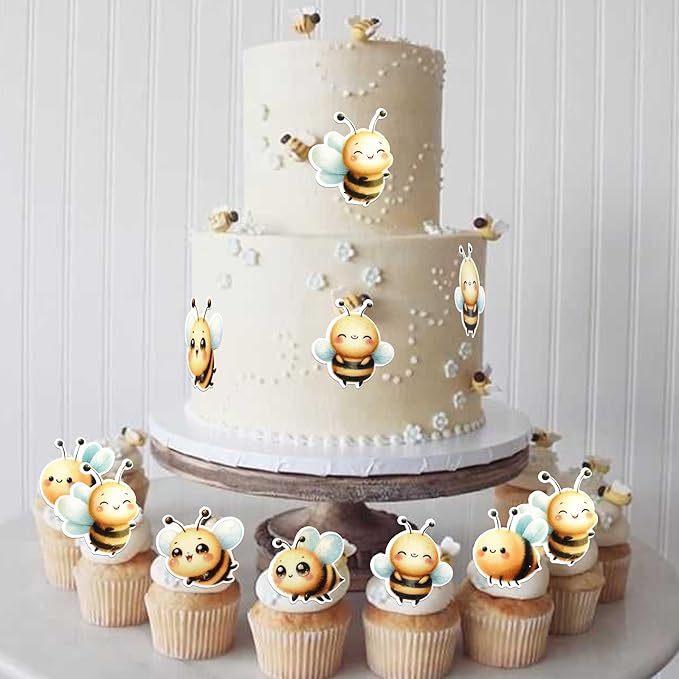 60 Pack Edible Bumble Bee Gender Reveal Cake Topper Oh Babee Cupcake Picks Water Paper Bee Cake Decorations for Bumble Boy or Girl Baby Shower Kids Birthday Party Supplies