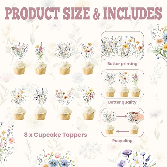 40Pcs Floral Wildflower Cupcake Toppers - Wildflower Birthday Baby Shower Baby in Bloom Party Supplies Cake Decorations for Girls and Women