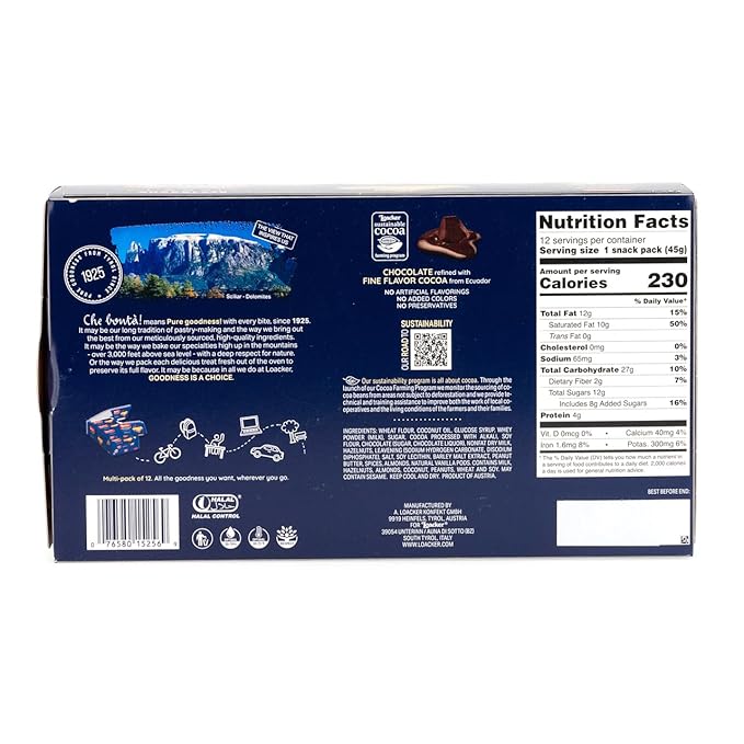 Loacker Classic Chocolate Wafers - Premium Crispy Wafer Cookies with Chocolate Cream Filling - Multipack of 12 Snack Packs - NON-GMO - Sustainably Sourced Cocoa - 45g/1.59oz, Pack of 12