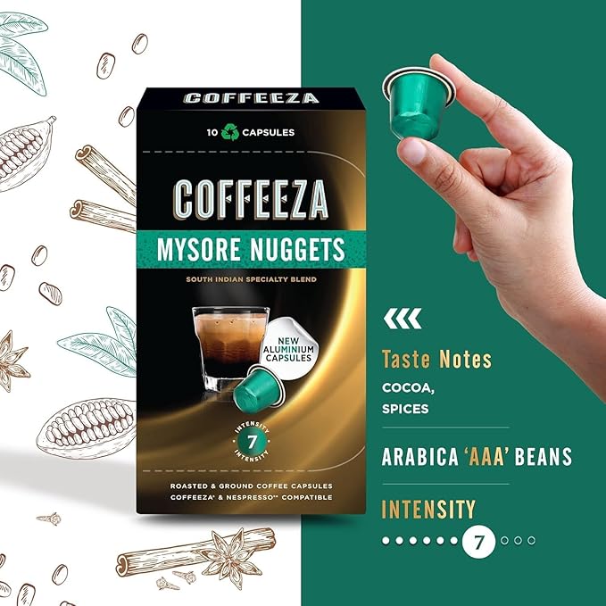 Coffeeza (AAA Arabica Grade) Mysore Nuggets Aluminium Coffee Capsules, Intensity – 7/10 -(Box of 30)