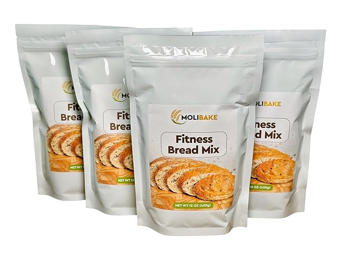 Molibake Fitness Bread Mix ??Pack of 4 ??All-Natural High-Fiber Bread Mix for Bread Machine and Oven ??15 oz ??Whole Grain Breads Mix with Carrots, Oats, Flax, Sunflower & Sesame Seeds ??Easy-to-Use Bread Maker Mix for Homemade Baking