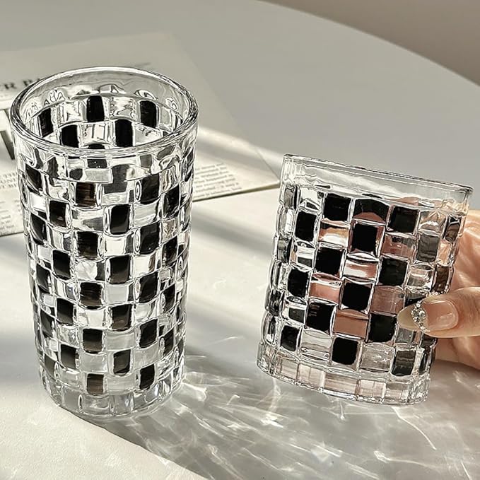 4 Pcs Black Woven Relief Glass Cups 10.5 OZ Drinking Glassware Cocktail Glasses for Iced Coffee Juice Tea Beverage Milk Wine