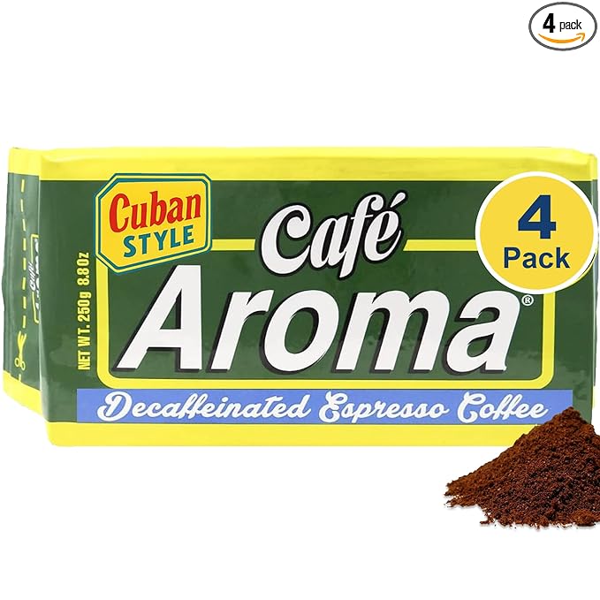 Café Aroma Decaf Dark Roast Espresso Ground Coffee, Authentic Cuban Style Coffee, Vacuum Sealed, 8.8oz, Perfect for Hot and Iced Coffee, 4-Pack