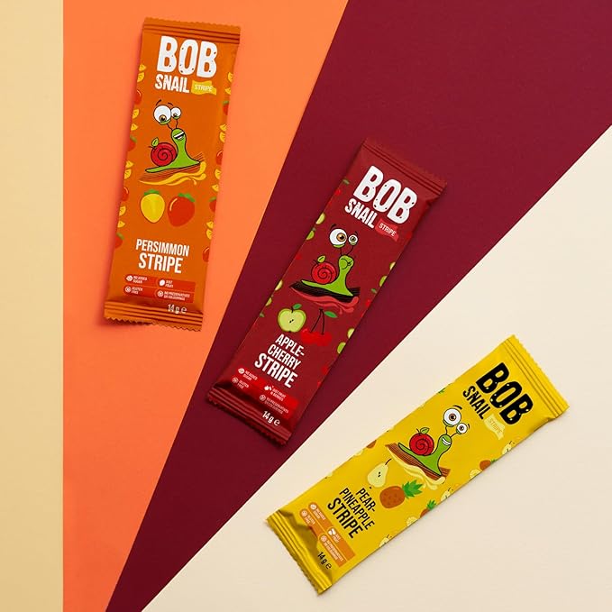 BOB SNAIL Healthy Organic Fruit Snacks for Kids and Adults ??30 Organic Fruit Leather Snacks with Persimmon, Pear-Pineapple,Cherry ??Vegan Low-Carb Variety Pack Strips for Kids ??Sugar Free Jerky Bars