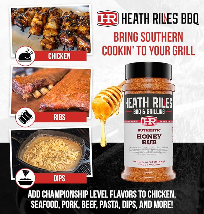Heath Riles BBQ Rub - Honey Seasoning, Champion Pitmaster Recipe, Legendary BBQ Rubs For Smoking & Grilling, 70+ BBQ Championships, 8 oz.