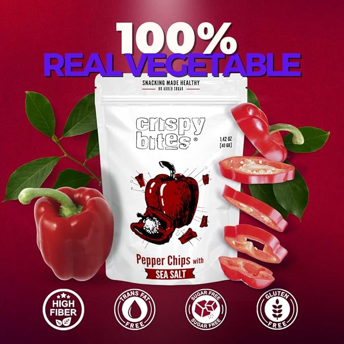Baked Bell Pepper Chips, No Oil Added, Vegetable Crisps, No Sugar Added, Gluten Free, Healthy Snack, Vegan, Salad Topper, Sea Salt, Dried California Peppers, 1.42oz Resealable Bags, Pack of 5
