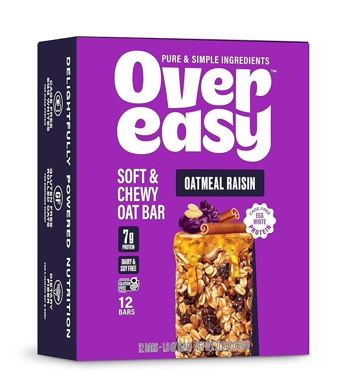 OVER EASY Oatmeal Raisin Breakfast Bars | All Natural, Clean Ingredient Protein Bars | Breakfast & Cereal Bars | 12 Protein Snack Bars Gluten Free, Dairy Free, Soy Free
