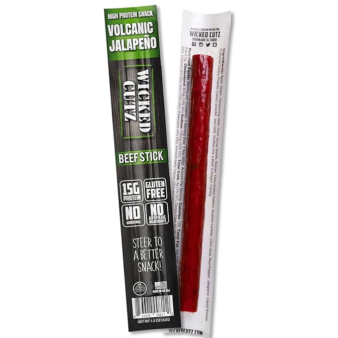 Wicked Cutz Volcanic Jalapeno Spicy Beef Sticks, Tender, Flavorful, Extra Large, Hot Beef Jerky Sticks with 15g of Protein Per Meat Stick, Gluten Free, High Protein, Healthy Snacks for Adults (12 Total)