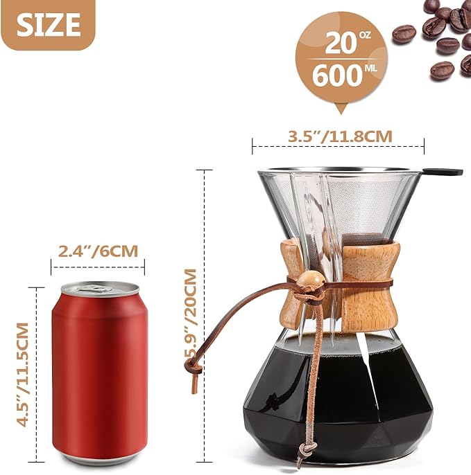 Pour Over Coffee Maker 20 OZ, 6 Cup Borosilicate Glass Drip Coffee Maker with Reusable Stainless Steel Filter and Cork Grip for Home Caf챕 600 ML (Diamond Shape)