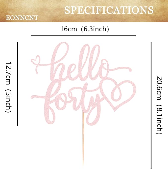 Hello Forty Cake Topper - Light Pink Glitter 40th Birthday Cake Decorating Supplies for Women, Hello 40 Cake Decor for 40th Birthday/Anniversary Party Photo Booth Props